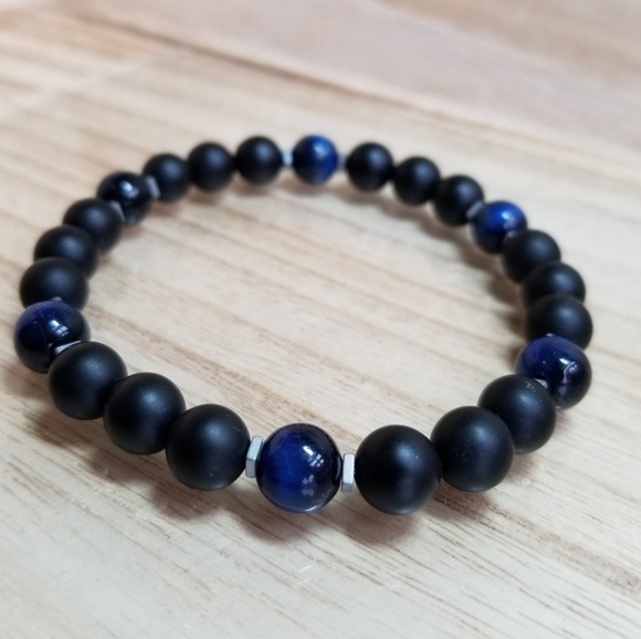 Blue Tiger Eye & Onyx Gemstone Stretch Bra… - Picture 5 of 7